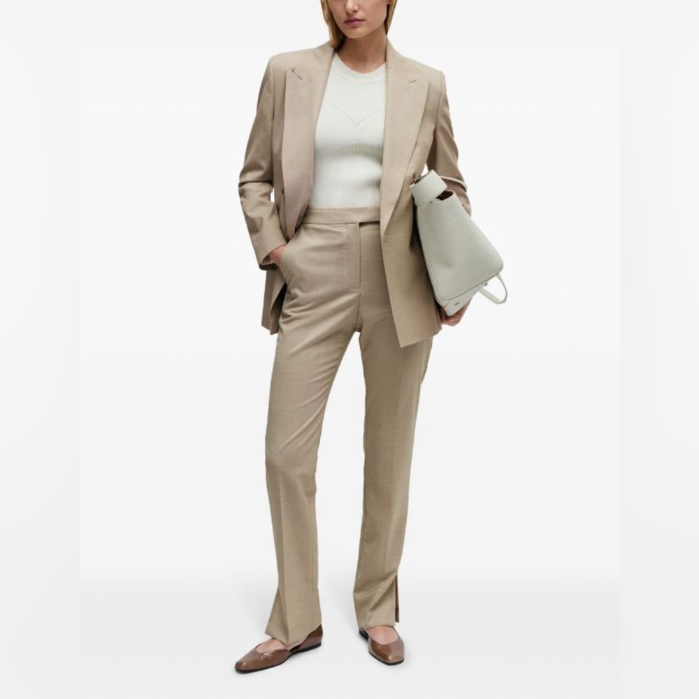 Hugo Boss Flared Wool Trousers Size 10 Beige Women’s Virgin Wool High Rise